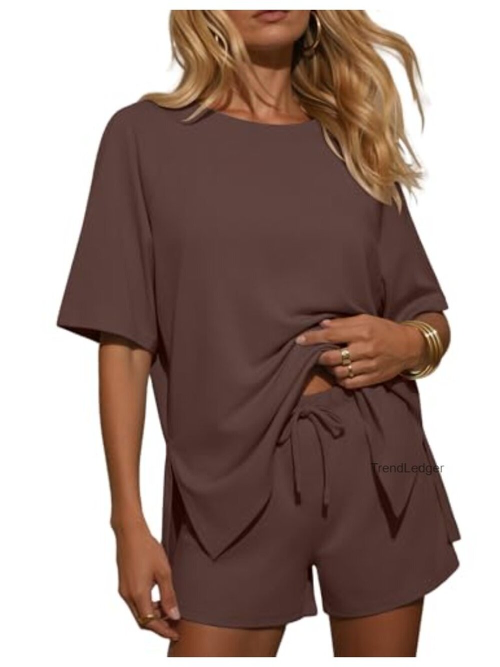 Ekouaer Women's 2-Piece Loungewear Set Oversized Short Sleeve Top & Drawstring